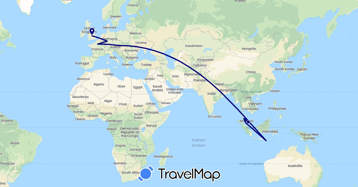 TravelMap itinerary: driving in Austria, Germany, France, United Kingdom, Indonesia, Malaysia (Asia, Europe)